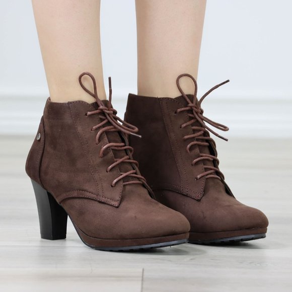 Shoes - Womens Ankle Boots Lace Up Block Heel Booties Brown Faux Suede